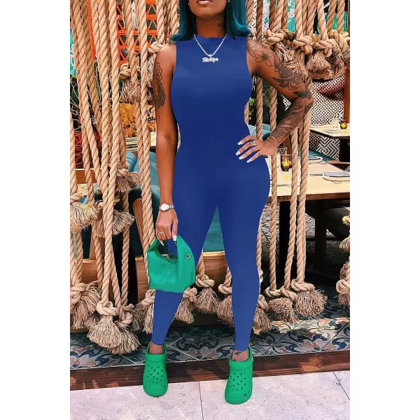 imagePRETTYGARDEN Womens Summer Bodycon Jumpsuits Casual Sleeveless One Piece Stretchy Tank Slim Fit RomperPants Blue