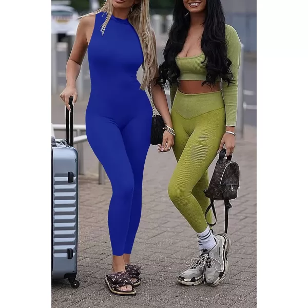 imagePRETTYGARDEN Womens Summer Bodycon Jumpsuits Casual Sleeveless One Piece Stretchy Tank Slim Fit RomperPants Blue