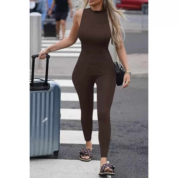 imagePRETTYGARDEN Womens Summer Bodycon Jumpsuits Casual Sleeveless One Piece Stretchy Tank Slim Fit RomperPants Dark Coffee