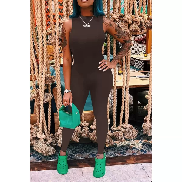 imagePRETTYGARDEN Womens Summer Bodycon Jumpsuits Casual Sleeveless One Piece Stretchy Tank Slim Fit RomperPants Dark Coffee