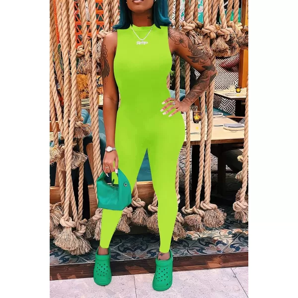 imagePRETTYGARDEN Womens Summer Bodycon Jumpsuits Casual Sleeveless One Piece Stretchy Tank Slim Fit RomperPants Fluorescent Green