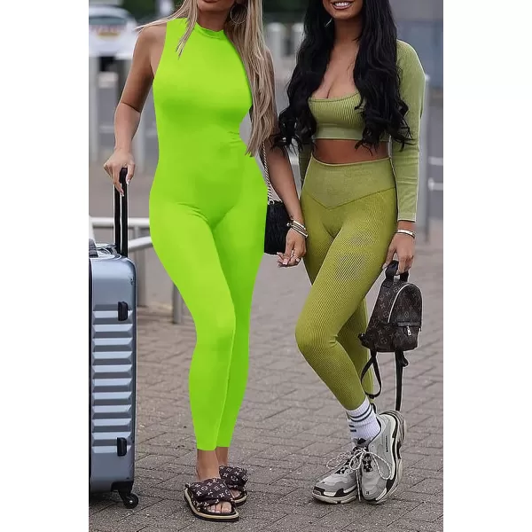 imagePRETTYGARDEN Womens Summer Bodycon Jumpsuits Casual Sleeveless One Piece Stretchy Tank Slim Fit RomperPants Fluorescent Green