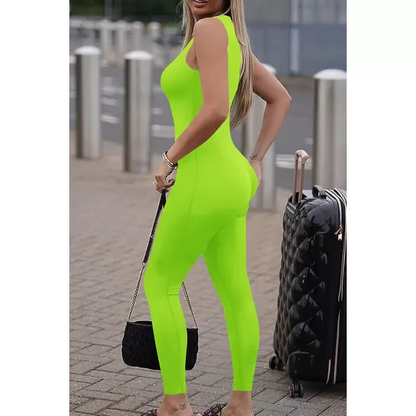 imagePRETTYGARDEN Womens Summer Bodycon Jumpsuits Casual Sleeveless One Piece Stretchy Tank Slim Fit RomperPants Fluorescent Green