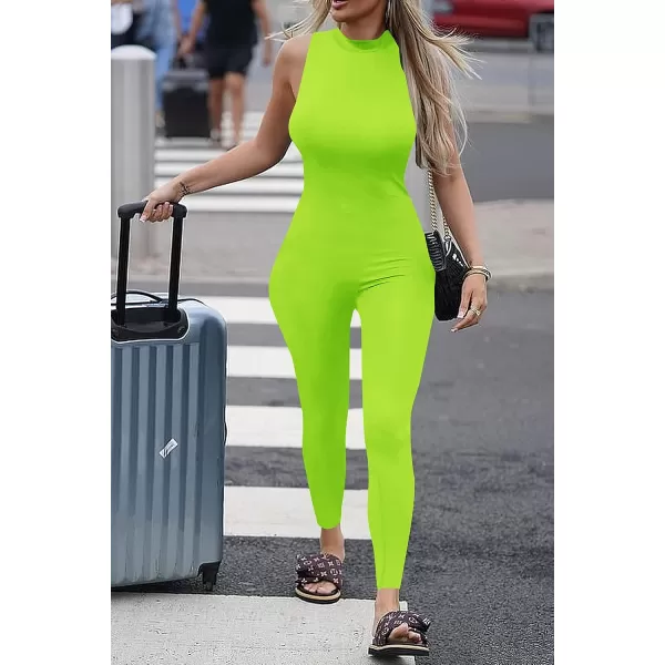 imagePRETTYGARDEN Womens Summer Bodycon Jumpsuits Casual Sleeveless One Piece Stretchy Tank Slim Fit RomperPants Fluorescent Green