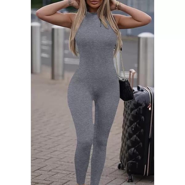imagePRETTYGARDEN Womens Summer Bodycon Jumpsuits Casual Sleeveless One Piece Stretchy Tank Slim Fit RomperPants Grey