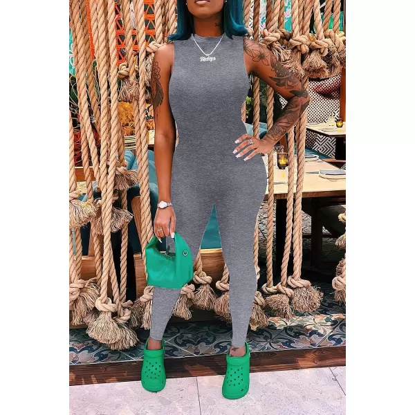 imagePRETTYGARDEN Womens Summer Bodycon Jumpsuits Casual Sleeveless One Piece Stretchy Tank Slim Fit RomperPants Grey