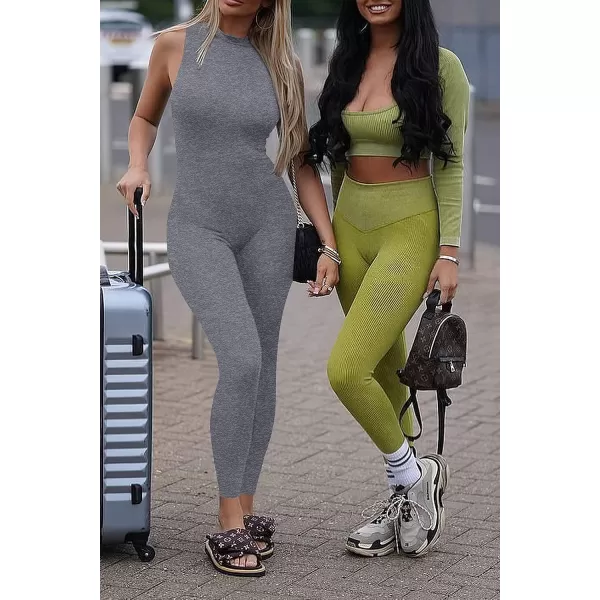 imagePRETTYGARDEN Womens Summer Bodycon Jumpsuits Casual Sleeveless One Piece Stretchy Tank Slim Fit RomperPants Grey