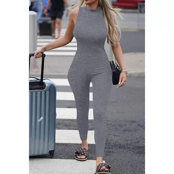 imagePRETTYGARDEN Womens Summer Bodycon Jumpsuits Casual Sleeveless One Piece Stretchy Tank Slim Fit RomperPants Grey