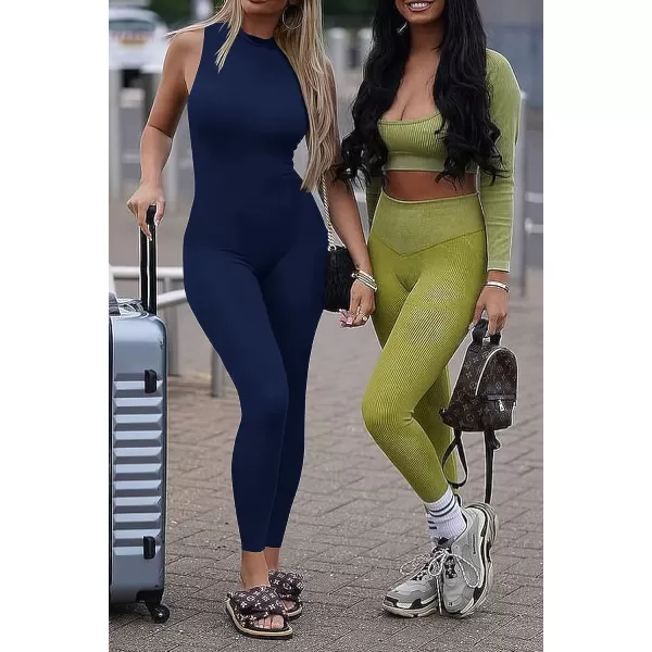 imagePRETTYGARDEN Womens Summer Bodycon Jumpsuits Casual Sleeveless One Piece Stretchy Tank Slim Fit RomperPants Navy