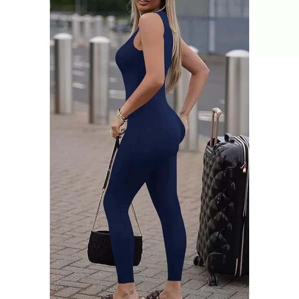 imagePRETTYGARDEN Womens Summer Bodycon Jumpsuits Casual Sleeveless One Piece Stretchy Tank Slim Fit RomperPants Navy