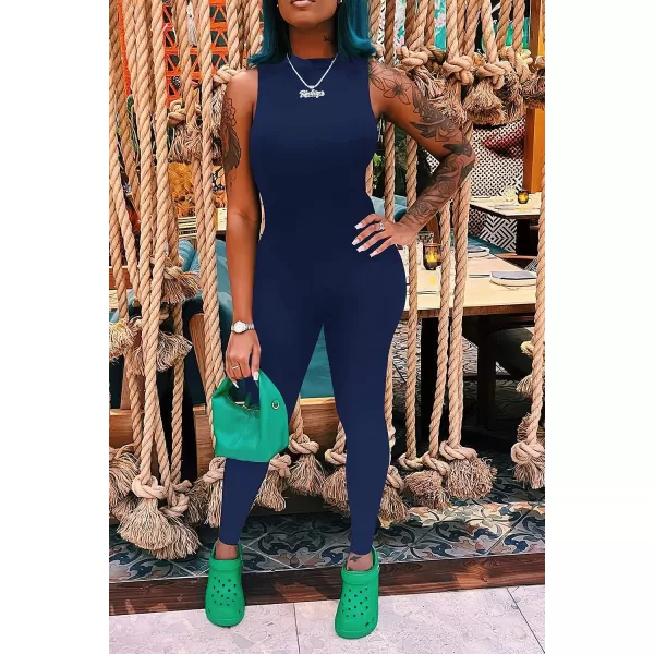 imagePRETTYGARDEN Womens Summer Bodycon Jumpsuits Casual Sleeveless One Piece Stretchy Tank Slim Fit RomperPants Navy