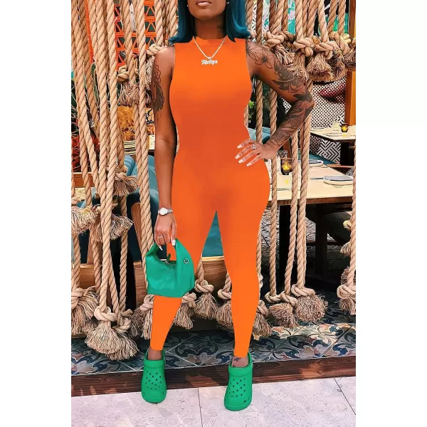 imagePRETTYGARDEN Womens Summer Bodycon Jumpsuits Casual Sleeveless One Piece Stretchy Tank Slim Fit RomperPants Orange