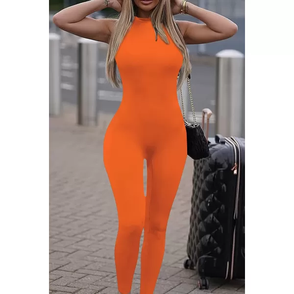 imagePRETTYGARDEN Womens Summer Bodycon Jumpsuits Casual Sleeveless One Piece Stretchy Tank Slim Fit RomperPants Orange