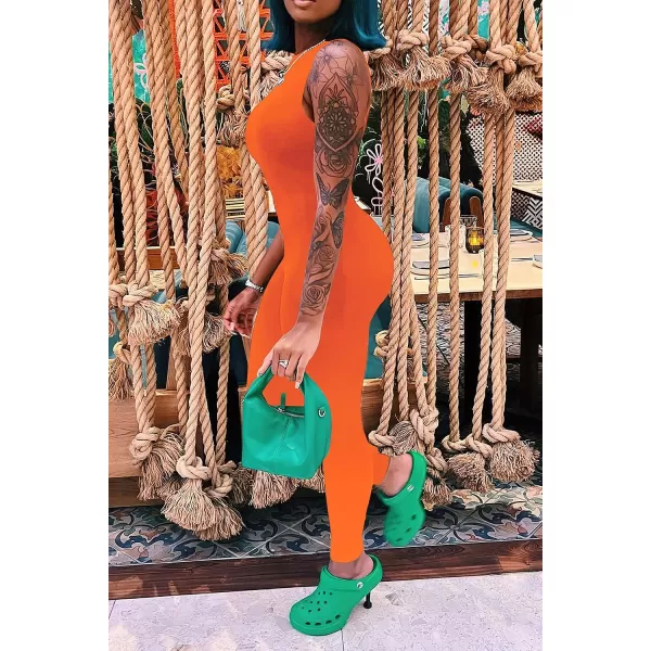 imagePRETTYGARDEN Womens Summer Bodycon Jumpsuits Casual Sleeveless One Piece Stretchy Tank Slim Fit RomperPants Orange