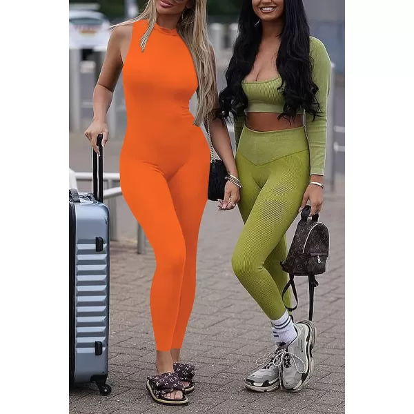 imagePRETTYGARDEN Womens Summer Bodycon Jumpsuits Casual Sleeveless One Piece Stretchy Tank Slim Fit RomperPants Orange