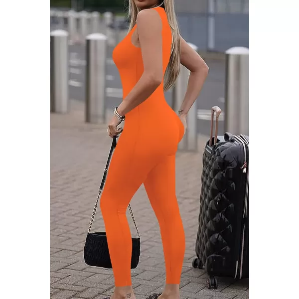 imagePRETTYGARDEN Womens Summer Bodycon Jumpsuits Casual Sleeveless One Piece Stretchy Tank Slim Fit RomperPants Orange