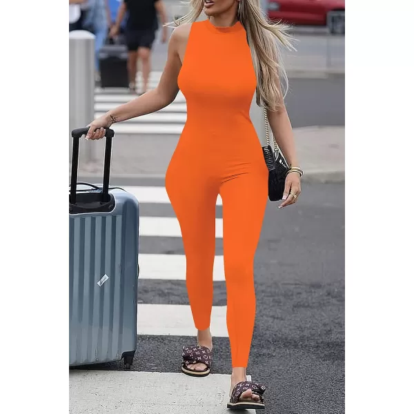 imagePRETTYGARDEN Womens Summer Bodycon Jumpsuits Casual Sleeveless One Piece Stretchy Tank Slim Fit RomperPants Orange