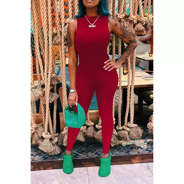 imagePRETTYGARDEN Womens Summer Bodycon Jumpsuits Casual Sleeveless One Piece Stretchy Tank Slim Fit RomperPants Red