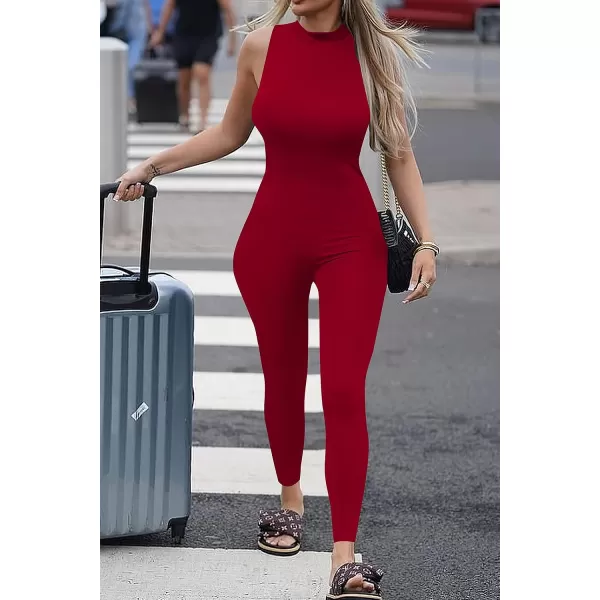 imagePRETTYGARDEN Womens Summer Bodycon Jumpsuits Casual Sleeveless One Piece Stretchy Tank Slim Fit RomperPants Red