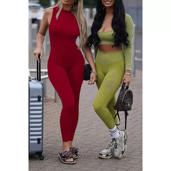 imagePRETTYGARDEN Womens Summer Bodycon Jumpsuits Casual Sleeveless One Piece Stretchy Tank Slim Fit RomperPants Red