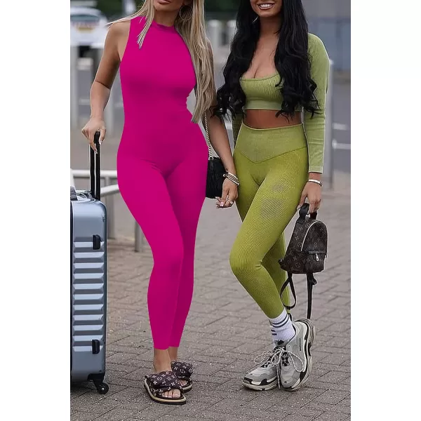 imagePRETTYGARDEN Womens Summer Bodycon Jumpsuits Casual Sleeveless One Piece Stretchy Tank Slim Fit RomperPants Rose Red