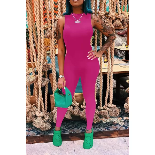 imagePRETTYGARDEN Womens Summer Bodycon Jumpsuits Casual Sleeveless One Piece Stretchy Tank Slim Fit RomperPants Rose Red