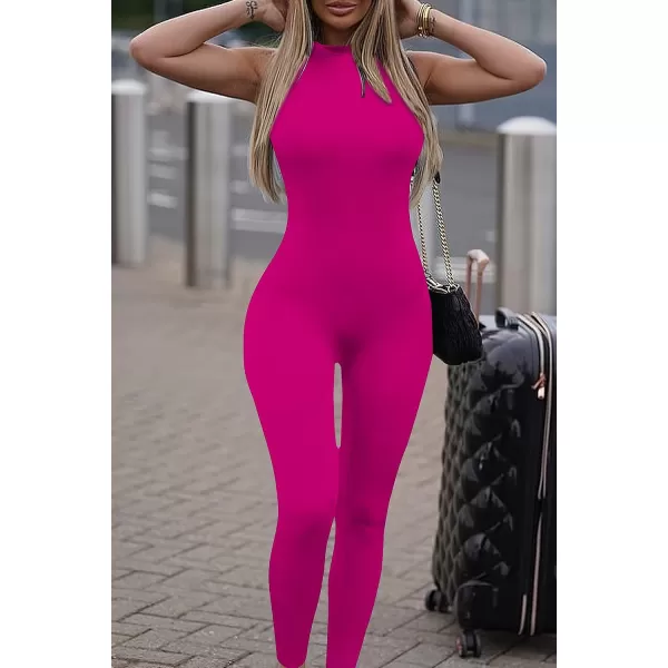 imagePRETTYGARDEN Womens Summer Bodycon Jumpsuits Casual Sleeveless One Piece Stretchy Tank Slim Fit RomperPants Rose Red