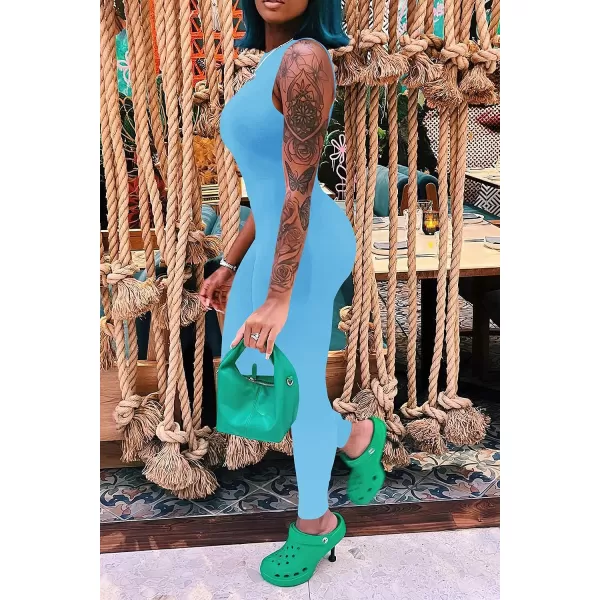 imagePRETTYGARDEN Womens Summer Bodycon Jumpsuits Casual Sleeveless One Piece Stretchy Tank Slim Fit RomperPants Sky Blue