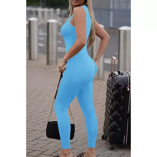 imagePRETTYGARDEN Womens Summer Bodycon Jumpsuits Casual Sleeveless One Piece Stretchy Tank Slim Fit RomperPants Sky Blue