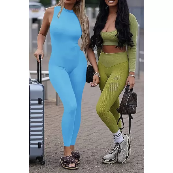 imagePRETTYGARDEN Womens Summer Bodycon Jumpsuits Casual Sleeveless One Piece Stretchy Tank Slim Fit RomperPants Sky Blue