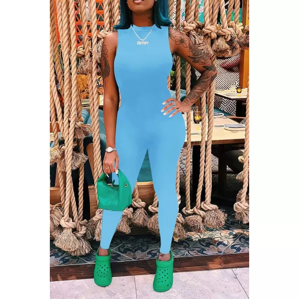 imagePRETTYGARDEN Womens Summer Bodycon Jumpsuits Casual Sleeveless One Piece Stretchy Tank Slim Fit RomperPants Sky Blue