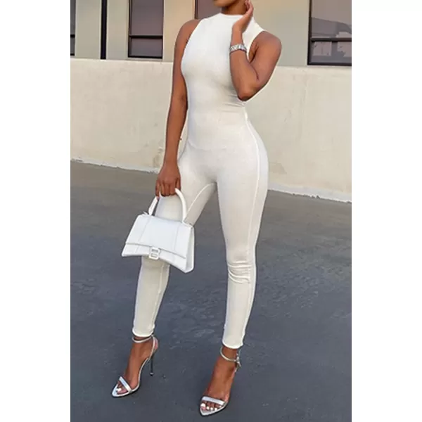 imagePRETTYGARDEN Womens Summer Bodycon Jumpsuits Casual Sleeveless One Piece Stretchy Tank Slim Fit RomperPants White