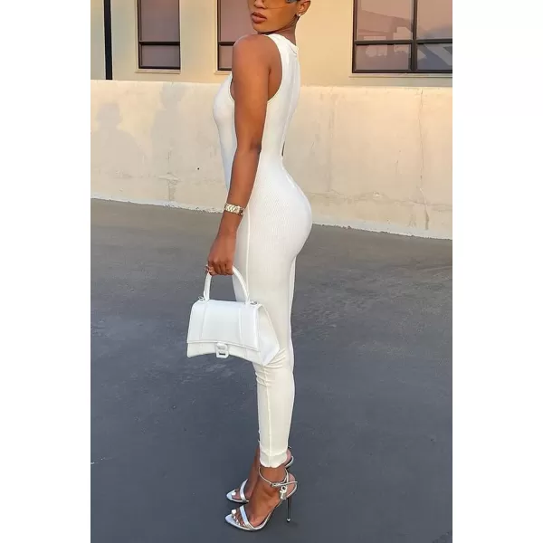 imagePRETTYGARDEN Womens Summer Bodycon Jumpsuits Casual Sleeveless One Piece Stretchy Tank Slim Fit RomperPants White