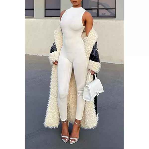 imagePRETTYGARDEN Womens Summer Bodycon Jumpsuits Casual Sleeveless One Piece Stretchy Tank Slim Fit RomperPants White