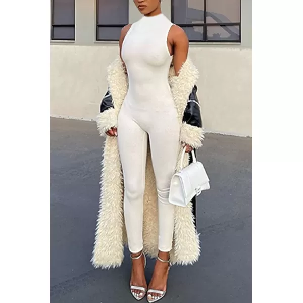 imagePRETTYGARDEN Womens Summer Bodycon Jumpsuits Casual Sleeveless One Piece Stretchy Tank Slim Fit RomperPants White