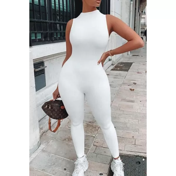 imagePRETTYGARDEN Womens Summer Bodycon Jumpsuits Casual Sleeveless One Piece Stretchy Tank Slim Fit RomperPants White