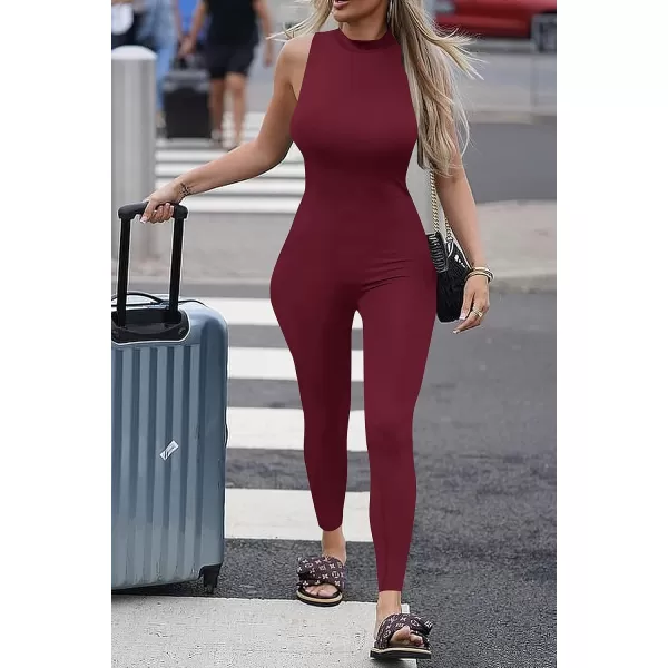 imagePRETTYGARDEN Womens Summer Bodycon Jumpsuits Casual Sleeveless One Piece Stretchy Tank Slim Fit RomperPants Wine Red