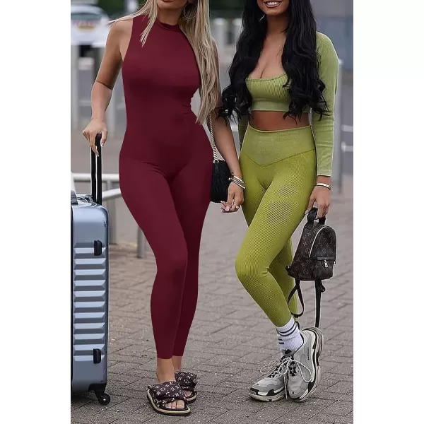 imagePRETTYGARDEN Womens Summer Bodycon Jumpsuits Casual Sleeveless One Piece Stretchy Tank Slim Fit RomperPants Wine Red
