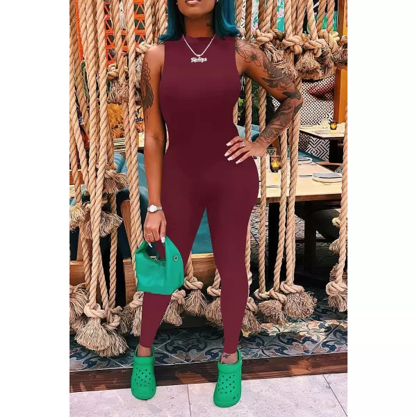 imagePRETTYGARDEN Womens Summer Bodycon Jumpsuits Casual Sleeveless One Piece Stretchy Tank Slim Fit RomperPants Wine Red