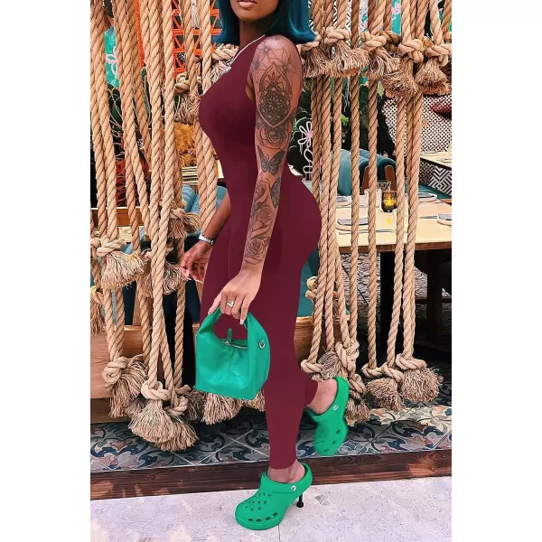imagePRETTYGARDEN Womens Summer Bodycon Jumpsuits Casual Sleeveless One Piece Stretchy Tank Slim Fit RomperPants Wine Red