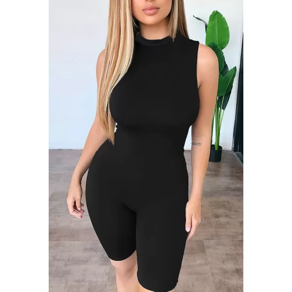 imagePRETTYGARDEN Womens Summer Bodycon Jumpsuits Casual Sleeveless One Piece Stretchy Tank Slim Fit RomperShorts Black