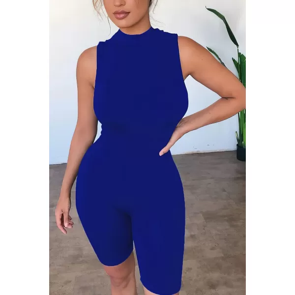 imagePRETTYGARDEN Womens Summer Bodycon Jumpsuits Casual Sleeveless One Piece Stretchy Tank Slim Fit RomperShorts Blue