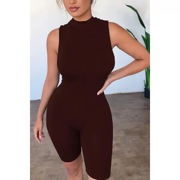 imagePRETTYGARDEN Womens Summer Bodycon Jumpsuits Casual Sleeveless One Piece Stretchy Tank Slim Fit RomperShorts Dark Brown