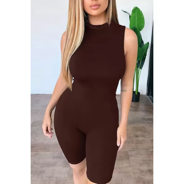 imagePRETTYGARDEN Womens Summer Bodycon Jumpsuits Casual Sleeveless One Piece Stretchy Tank Slim Fit RomperShorts Dark Brown