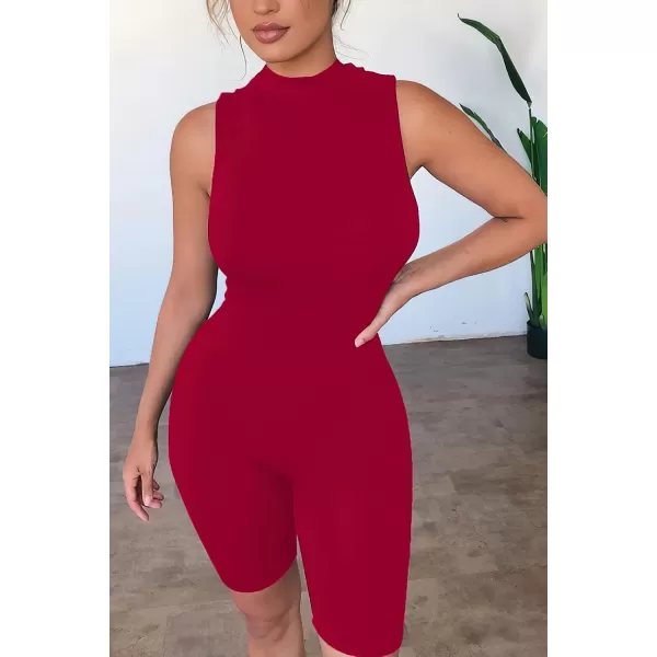imagePRETTYGARDEN Womens Summer Bodycon Jumpsuits Casual Sleeveless One Piece Stretchy Tank Slim Fit RomperShorts Red