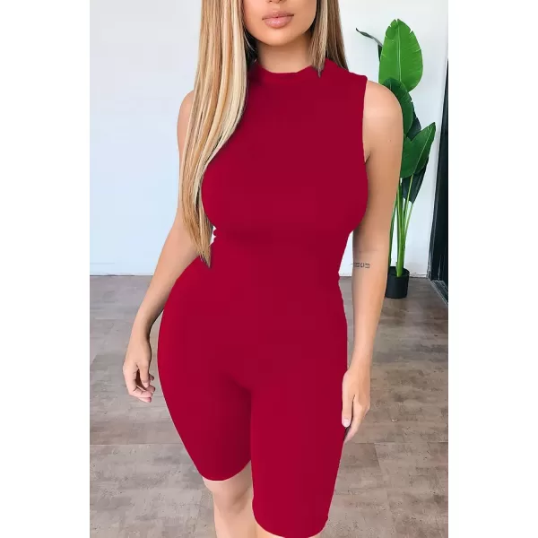 imagePRETTYGARDEN Womens Summer Bodycon Jumpsuits Casual Sleeveless One Piece Stretchy Tank Slim Fit RomperShorts Red