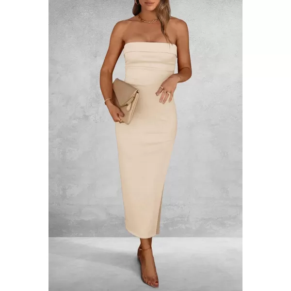 imagePRETTYGARDEN Womens Summer Bodycon Maxi Tube Dress Strapless Side Slit Long Elegant Cocktail Party Wedding Guest DressesBeige