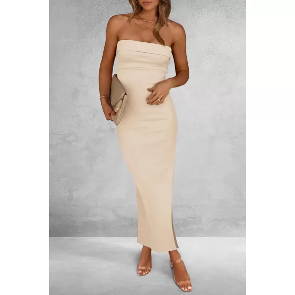 imagePRETTYGARDEN Womens Summer Bodycon Maxi Tube Dress Strapless Side Slit Long Elegant Cocktail Party Wedding Guest DressesBeige