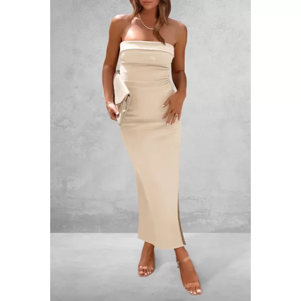 imagePRETTYGARDEN Womens Summer Bodycon Maxi Tube Dress Strapless Side Slit Long Elegant Cocktail Party Wedding Guest DressesBeige