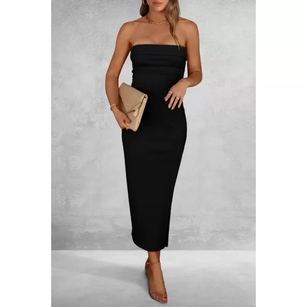 imagePRETTYGARDEN Womens Summer Bodycon Maxi Tube Dress Strapless Side Slit Long Elegant Cocktail Party Wedding Guest DressesBlack